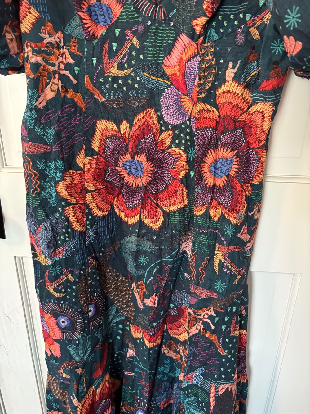 FARM Rio Dark Green Floral Puff-Sleeve Midi Dress with Coral Accents - Picture 5 of 5